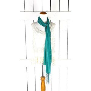 Vintage sheer lightweight striped tassel fringe blue green wrap tie belt scarf
